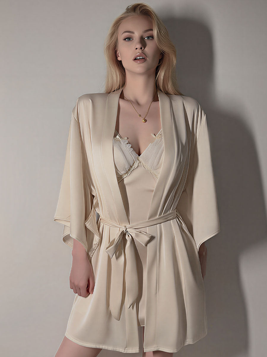 Lace Trim Chemise & Satin Robe Set